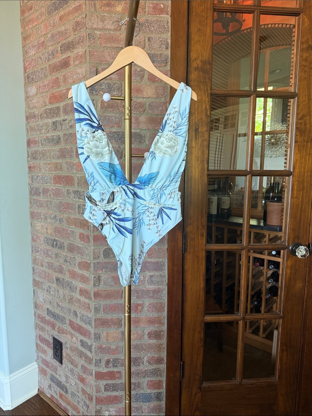 Light Blue Floral One-Piece Designer Swimsuit with optional tie belt